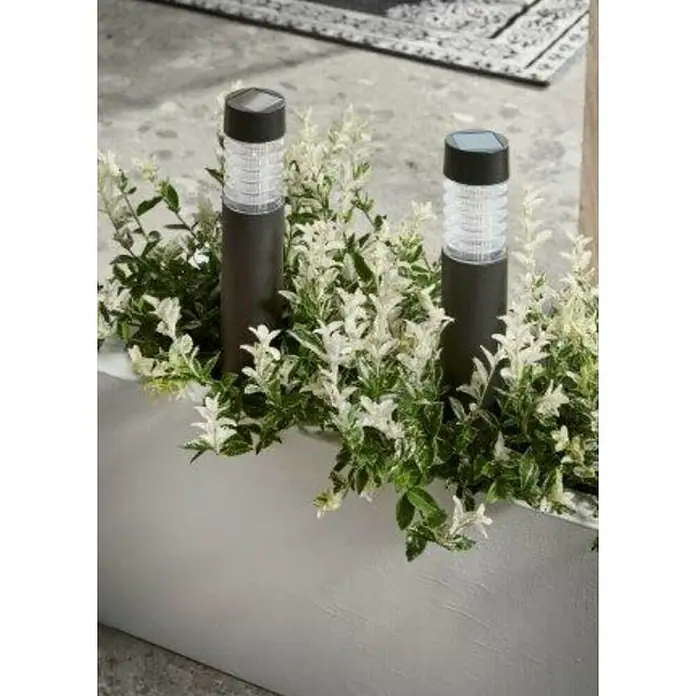 Estaca solar Valence - L x An x Al: 6,2 x 6,2 x 38,8 cm, Negro, IP33, 6 lm - Primer plano de dos luces solares en una jardinera, rodeadas de exuberante vegetación y flores coloridas, que proporcionan una iluminación ambiental.