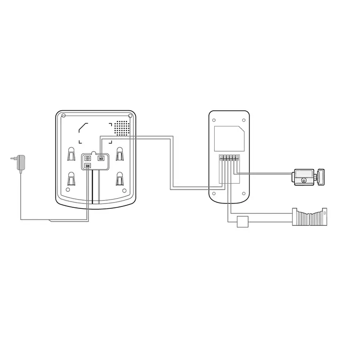 Avidsen Interfono con pantalla LCD - L x An x Al: 3,5 x 7 x 16,5 cm - Un diagrama esquemático detallado de un sistema de intercomunicación, mostrando el cableado entre los componentes.