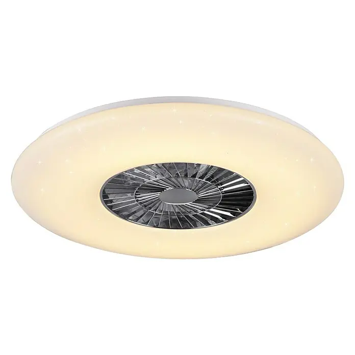 Trio Lighting Ventilador de techo Visby - Blanco, 75 cm, 60 W, Blanco neutro - Primer plano de una moderna lámpara de techo LED con ventilador integrado, que emite una luz cálida y acogedora.
