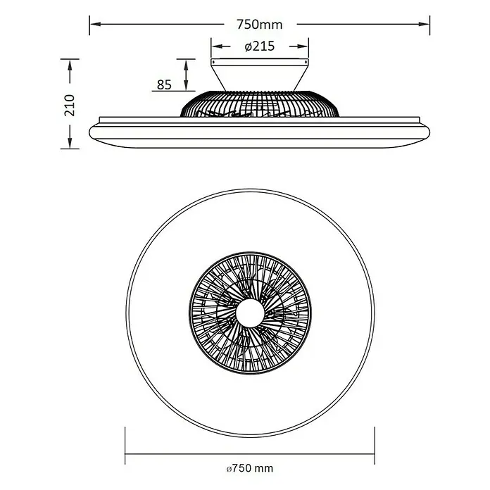 Trio Lighting Ventilador de techo Visby - Blanco, 75 cm, 60 W, Blanco neutro - Dibujo técnico de la lámpara de techo que muestra las dimensiones. La lámpara redonda tiene un diámetro de 750 mm y una altura de 210 mm.