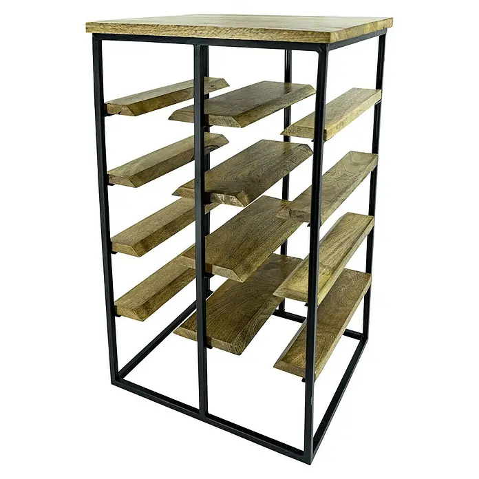 Weinregal - L x B x H: 41,5 x 37 x 71 cm, Anzahl Flaschen: 8 Stk., Stahl - Regal mit Holzregalen und schwarzem Metallrahmen, perfekt für die Aufbewahrung von Weinflaschen oder anderen Gegenständen, die stilvoll präsentiert werden sollen.