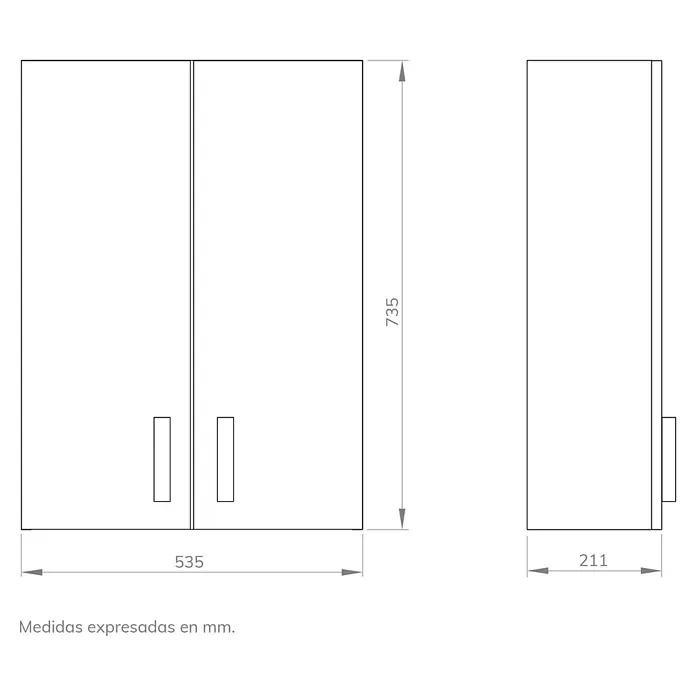 Artysan Armario colgante de baño 2P - L x An x Al: 21,1 x 53,5 x 73,5 cm, Blanco - Vista detallada de un armario de baño con dimensiones de 735 mm de altura, 535 mm de anchura y 211 mm de profundidad.