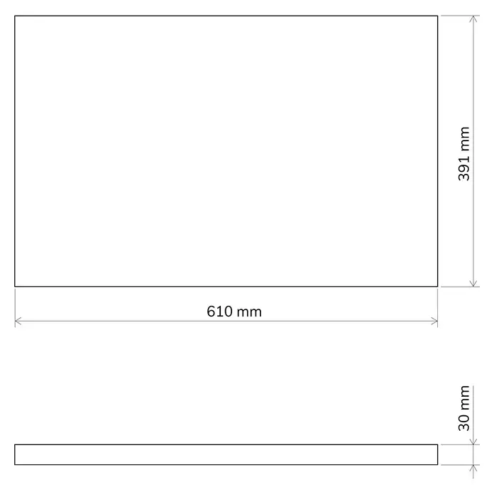 Artysan Encimera para lavabo Top - L x An x Al: 40 x 61 x 3 cm, Nebraska - Imagen del producto que muestra las dimensiones: 610 mm de ancho, 391 mm de alto y 30 mm de grosor. Ideal para diseño y planificación.