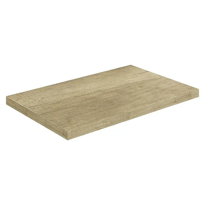 Artysan Encimera para lavabo Top - L x An x Al: 40 x 61 x 3 cm, Nature - Un primer plano muestra una mesa rectangular robusta con detalles de vetas de madera en un cálido tono beige.