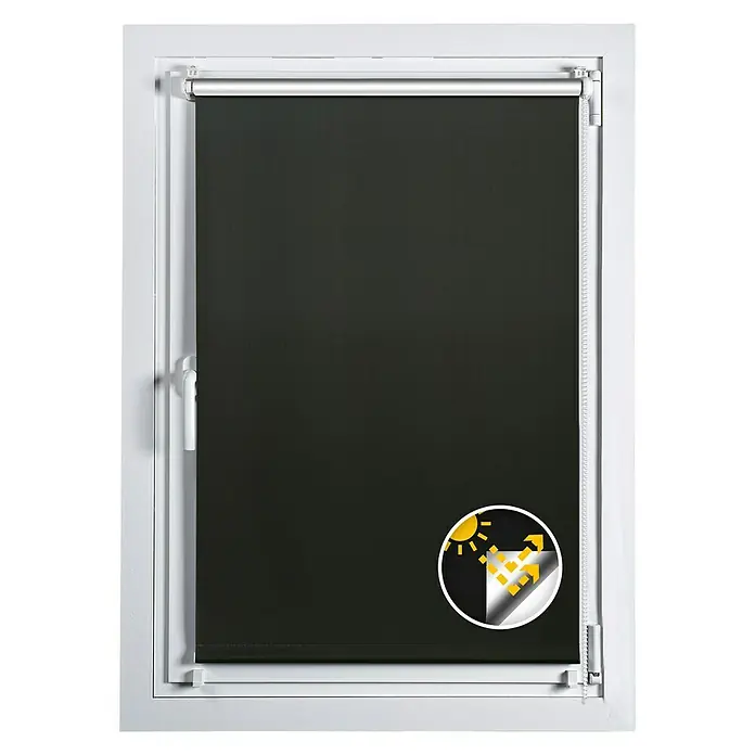 Estor enrollable opaco Clip&Fix Blackout Reflect - An x Al: 150 x 180 cm, Negro - Estor enrollable negro en marco de ventana blanco, que bloquea la luz. Ideal para dormitorios o para oscurecer habitaciones.