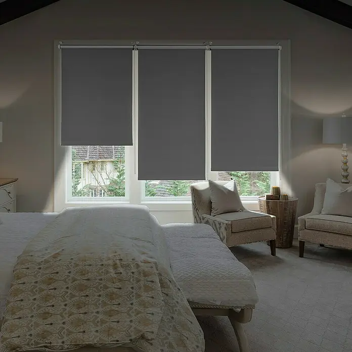 Estor enrollable opaco Clip&Fix Blackout Reflect - An x Al: 90 x 180 cm, Plata - Vista elegante de la habitación con estores enrollables grises en las ventanas, filtrando sutilmente la luz y creando un ambiente relajante.