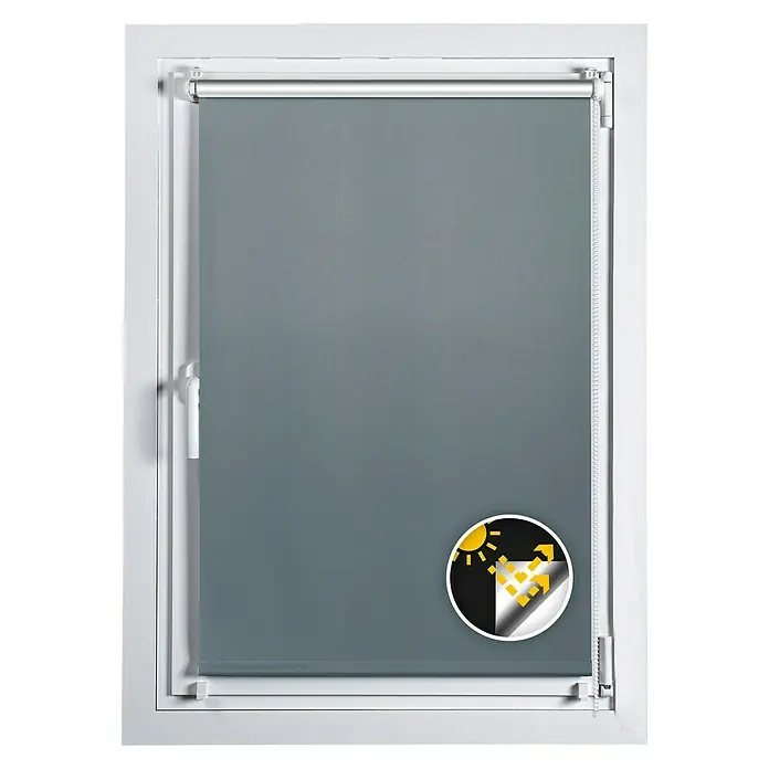 Estor enrollable opaco Clip&Fix Blackout Reflect - An x Al: 90 x 180 cm, Plata - Estor enrollable gris en marco de ventana blanco para mayor protección solar y atenuación.