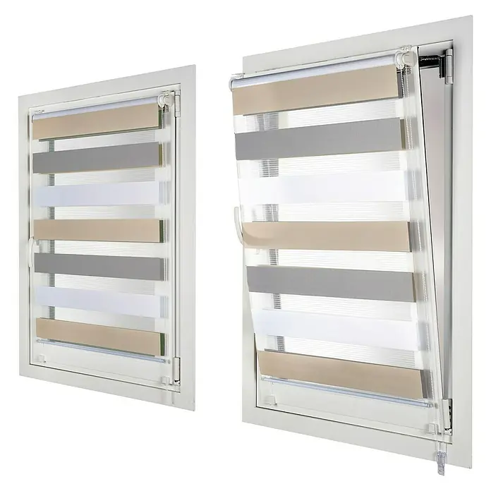 Estor enrollable Clip&Fix Tricolor - An x Al: 90 x 180 cm, Tricolor - Dos ventanas con marcos blancos y estores enrollables dúo modernos en beige, gris y blanco, para un control elegante de la luz.