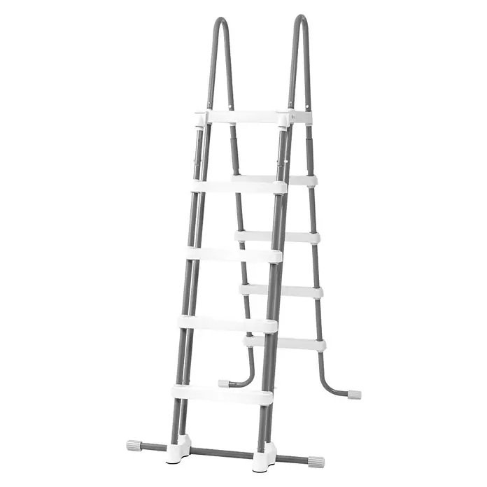 Intex Frame-Pool Ultra Quadra XTR - L x B x H: 732 x 366 x 132 cm, Dunkelgrau, 31.800 l, Krystal Clear Sandfilteranlage & Salzwassersystem QX2100 - Bild einer grauen und weißen Poolleiter für Aufstellbecken mit vier Stufen. Sie sorgt für einen einfachen und sicheren Ein- und Ausstieg ins Becken.