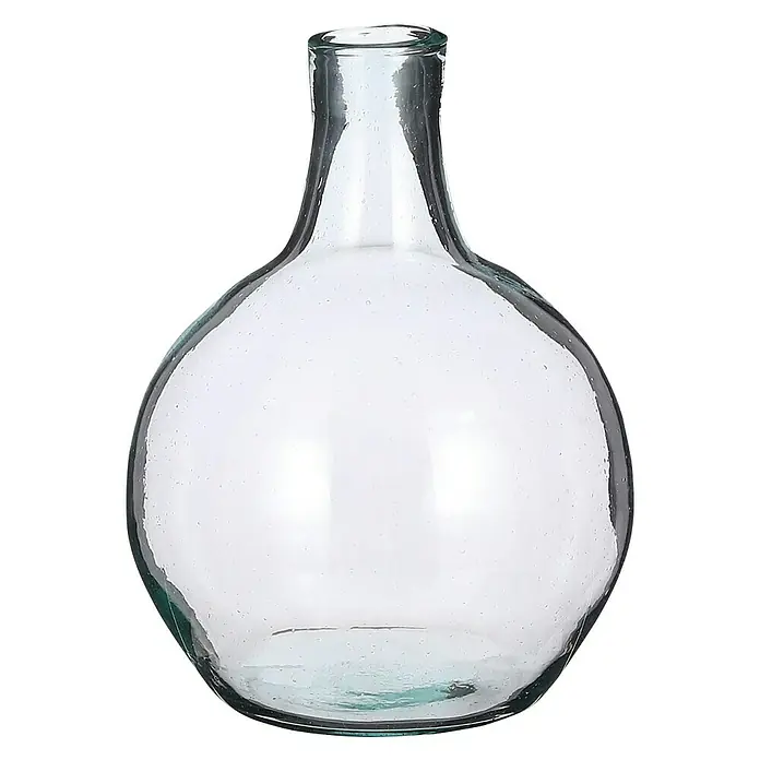 Jarrón Lilou - Ø x Al: 18 x 24 cm, Vidrio, Transparente - Primer plano de un jarrón de vidrio transparente con forma bulbosa y cuello estrecho sobre un fondo negro.