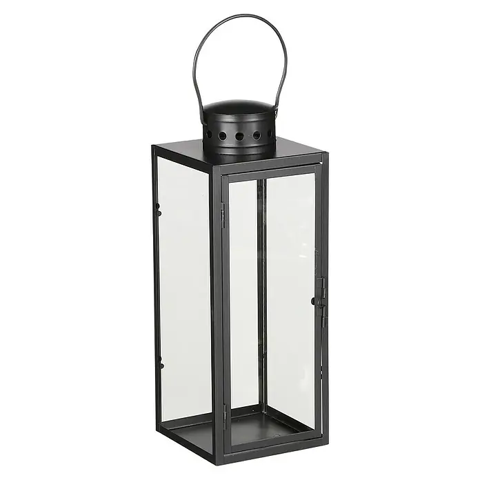 Farolillo metálico Arzilla - 13,5 x 13 x 34,5 cm, Negro - Farol negro con cristales y asa redonda. Ideal para velas o decoraciones tanto en interiores como en exteriores.