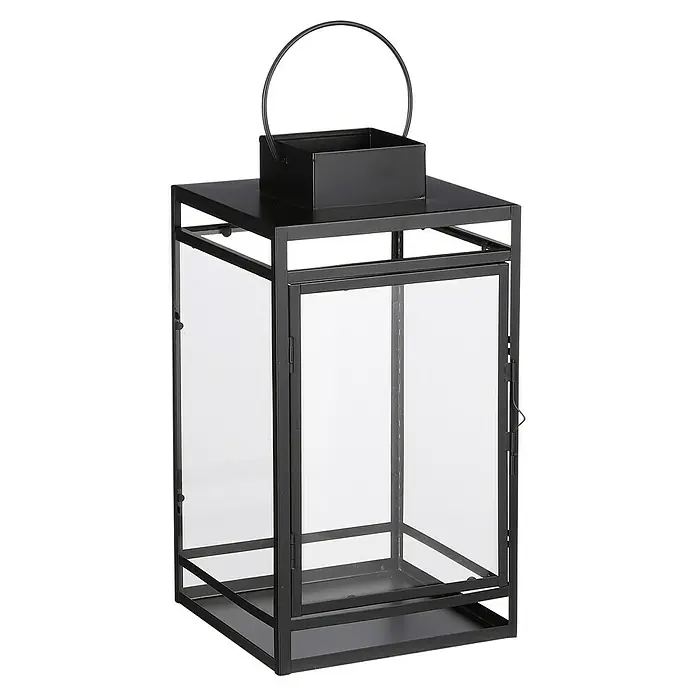 Farolillo metálico Storm - 19,5 x 19 x 36 cm, Negro - Linterna de metal negro con paneles de vidrio y asa de transporte. Ideal para iluminación decorativa en interiores y exteriores.