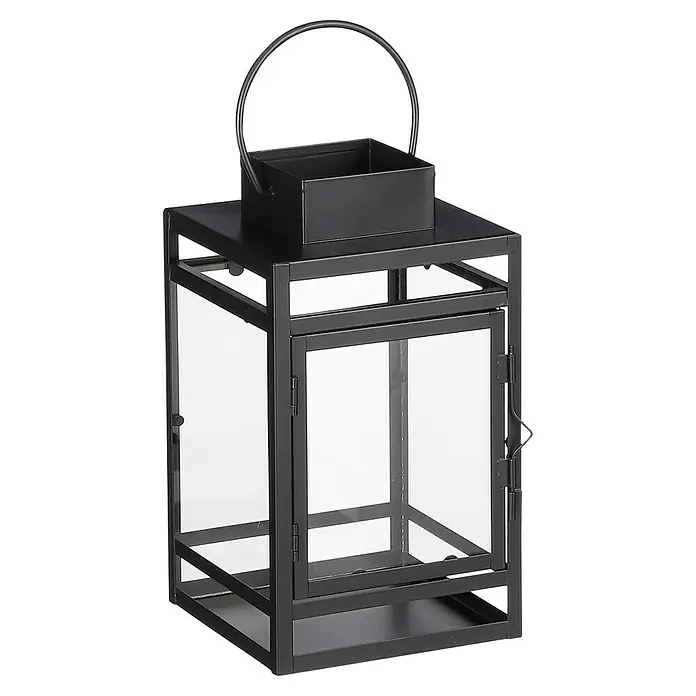 Farolillo metálico Storm - 13,5 x 13 x 23 cm, Negro - Elegante linterna negra con paneles de vidrio y asa, perfecta como pieza decorativa para espacios interiores y exteriores.