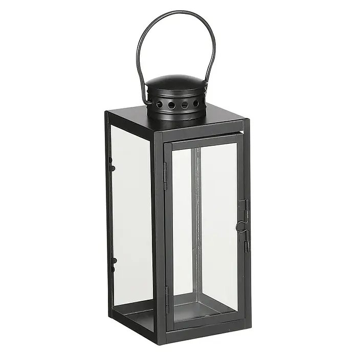 Farolillo metálico Arzilla - 10 x 10 x 23,5 cm, Negro - Elegante linterna negra con paneles de vidrio transparente y asa de transporte, creando un ambiente cálido y elegante.