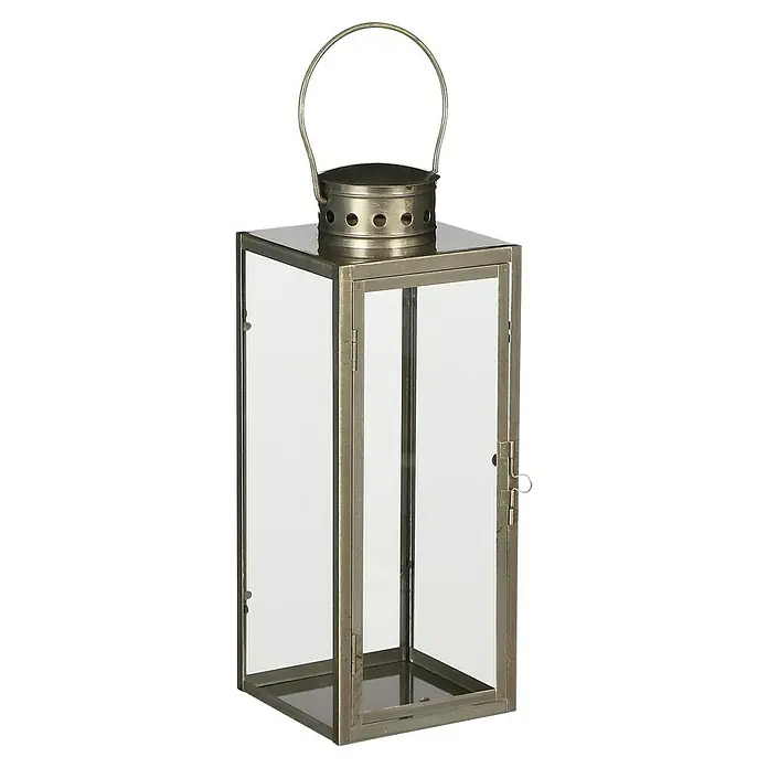 Farolillo metálico Arzilla - 13,5 x 13 x 34,5 cm, Dorado - Elegante farol de metal con paneles de vidrio y asa. Lámpara decorativa de interior para un ambiente acogedor.