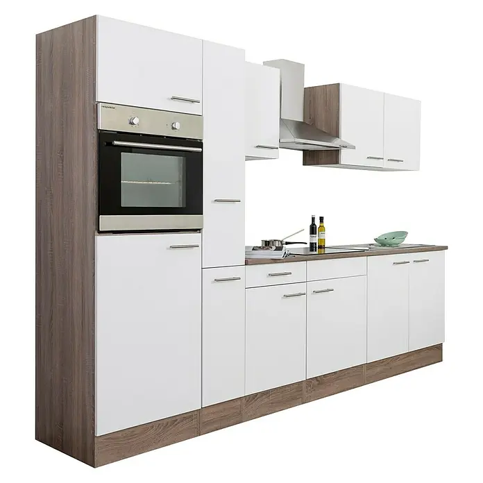 Respekta Küchenzeile Oliver - Breite: 300 cm, Weiß, Mit Elektrogeräten - Moderne Küche mit weißen Fronten und Holzoptik, inklusive Einbaubackofen und Dunstabzugshaube für ein stilvolles Kocherlebnis.