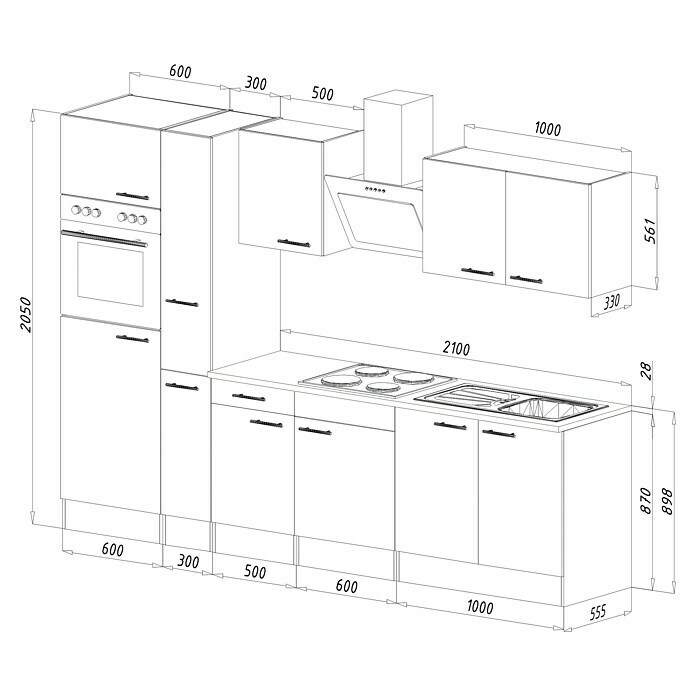 Respekta Küchenzeile KB300EYW (Breite: 300 cm, Mit Elektrogeräten, Weiß Seidenglanz)