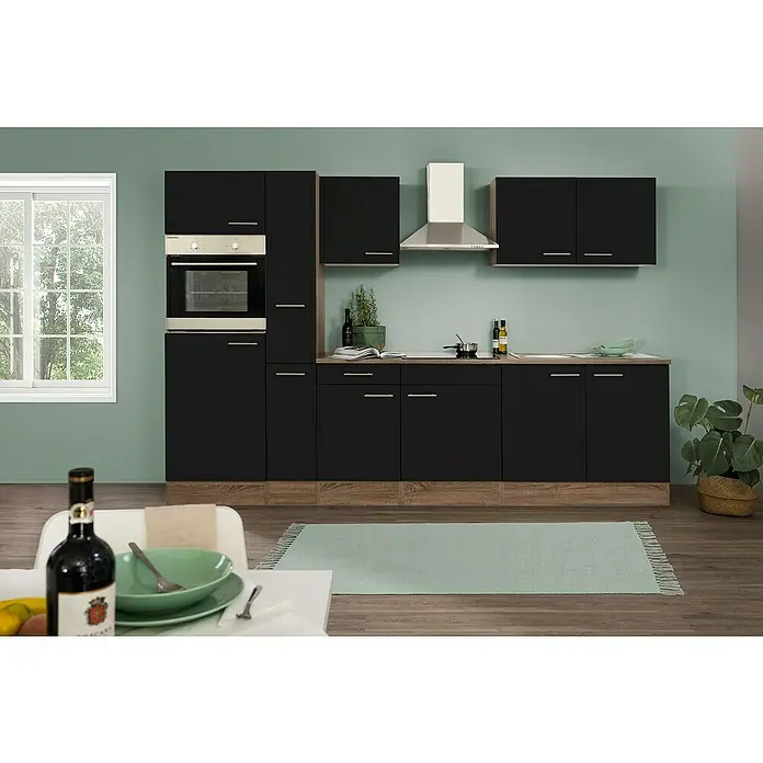 Respekta Küchenzeile Oliver - Breite: 300 cm, Schwarz, Mit Elektrogeräten - Elegante Küche mit modernen schwarzen Schränken, stilvoller Dunstabzugshaube und integriertem Backofen für ein zeitgemäßes Kocherlebnis.