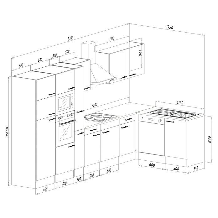 Respekta Winkelküche KBL370EYCMISGKE172 x 370 cm, Cappuccino Seidenglanz Sketch