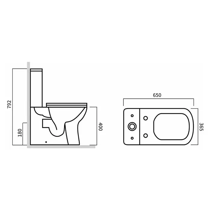Pack de WC Bucarely - Sin borde de descarga, Salida WC: Vertical, Blanco - Dibujo técnico de un inodoro con las dimensiones para la instalación, útil para fontaneros y propietarios de viviendas.