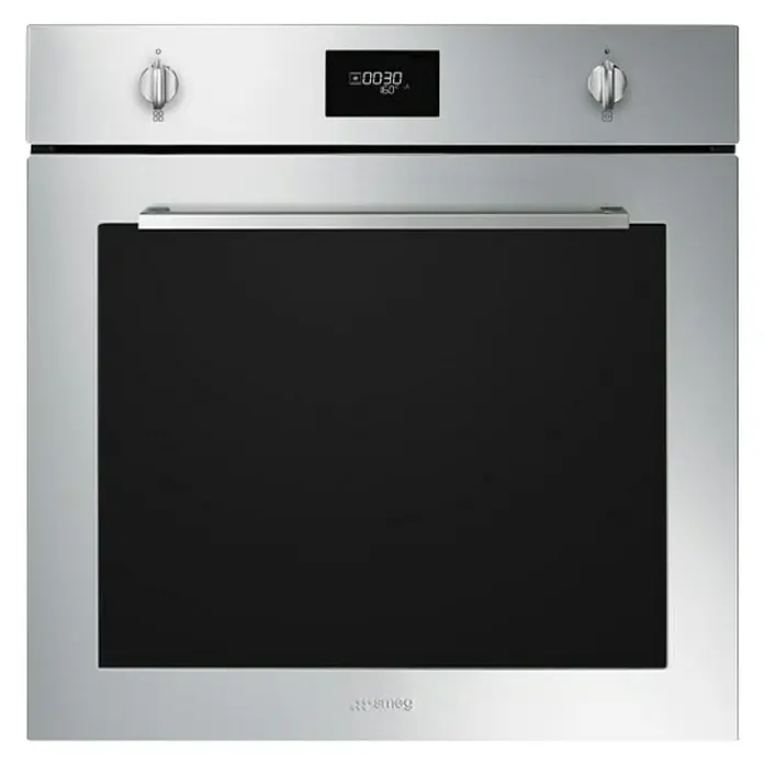 Smeg Horno empotrado SFP6401TVX1 - Número de tipos de calentamiento: 10 ud., Volumen horno: 70 l - Horno encastrable Smeg plateado con puerta de vidrio negro y controles digitales para cocina moderna.