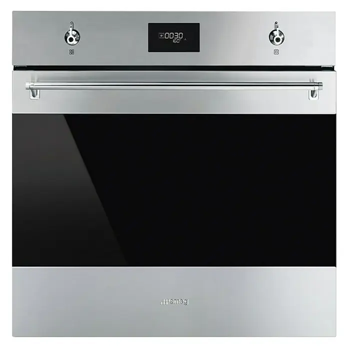 Smeg Horno empotrado SFP6301TVX - Número de tipos de calentamiento: 10 ud., Volumen horno: 70 l - Imagen de un horno empotrable Smeg plateado con frente de vidrio negro y pantalla digital.