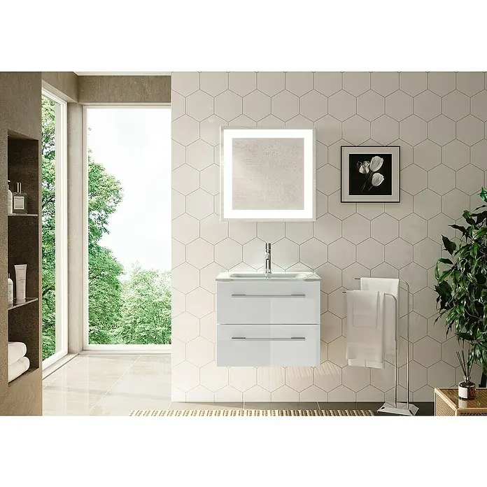 Badmöbel-Set G62W11 - Gesamtbreite Badmöbel: 60 cm, Weiß, Hochglänzend, 3 -tlg. - Ein modernes Badezimmer mit einem weißen Waschtisch mit zwei Schubladen, einem beleuchteten Spiegel und einer stilvollen Wandfliese.