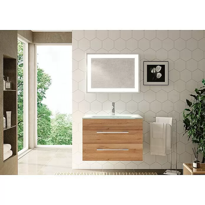 Camargue Stella Badmöbel-Set G82B11 - Gesamtbreite Badmöbel: 80 cm, Berg Eiche, Matt, 3 -tlg. - Moderner Badwaschtisch mit hellem Holzschrank, Glasplatte und Chromarmatur unter beleuchtetem Spiegel.