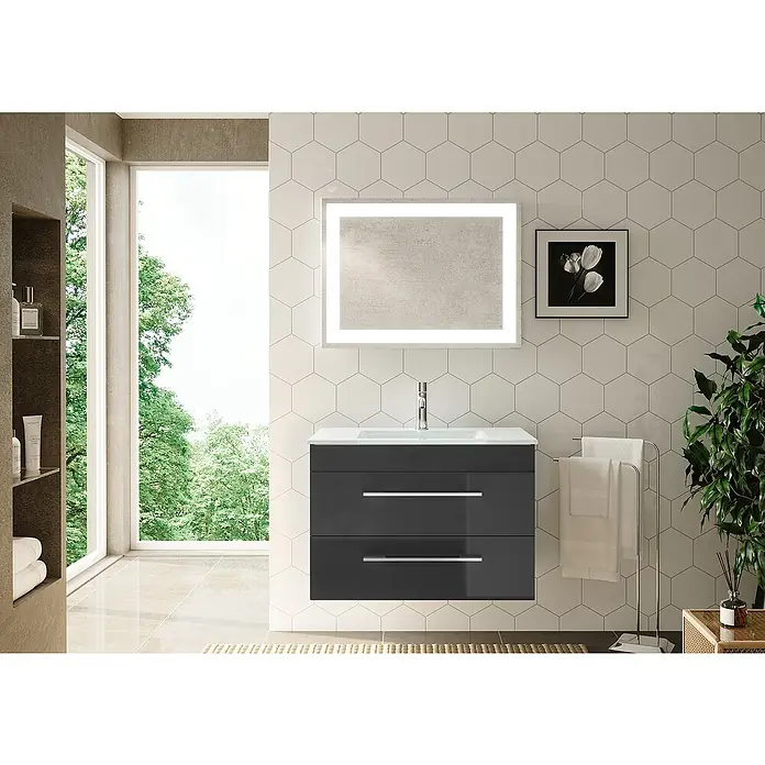 Camargue Stella K Badmöbel-Set K82G12 - Gesamtbreite Badmöbel: 80 cm, Grafit, Hochglänzend, 3 -tlg. - Modernes Badezimmer-Interieur mit einem stilvollen, grauen Waschtisch mit zwei Schubladen und einem beleuchteten Spiegel.