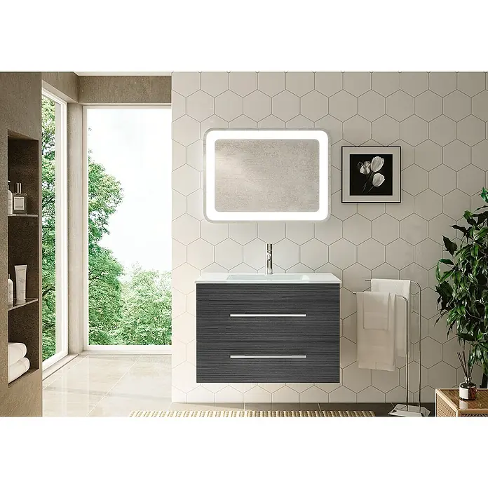 Camargue Stella K Badmöbel-Set K82D22 - Gesamtbreite Badmöbel: 80 cm, Dark Oak, Matt, 3 -tlg. - Elegantes Badezimmer-Waschbecken mit zwei Schubladen und beleuchtetem Spiegel für ein modernes Ambiente.