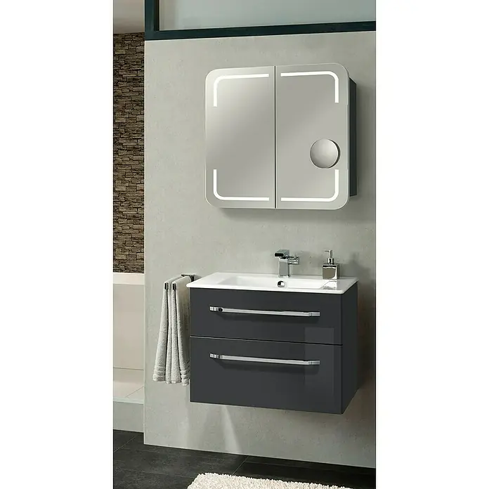 Camargue Star Badmöbel-Set ST03RG - Gesamtbreite Badmöbel: 71 cm, Grafit, Hochglänzend, 3 -tlg. - Elegantes Badezimmer-Set mit grauem Waschtischunterschrank, modernem Waschbecken und beleuchtetem Spiegelschrank.