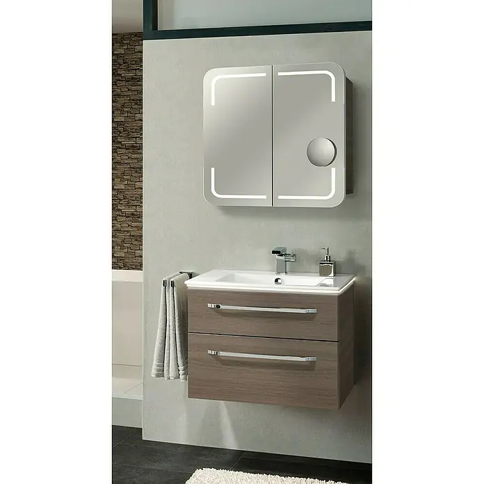 Camargue Star Badmöbel-Set ST13RE - Gesamtbreite Badmöbel: 71 cm, Eiche Maron, Matt, 3 -tlg. - Badezimmer mit Waschbeckenunterschrank in Holzoptik und beleuchtetem Spiegelschrank für ein modernes Ambiente.