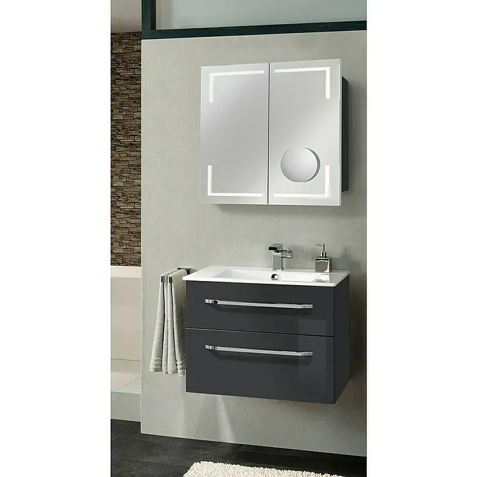 Camargue Star Badmöbel-Set ST03EG - Gesamtbreite Badmöbel: 71 cm, Grafit, Hochglänzend, 3 -tlg. - Elegantes Badezimmer-Waschbecken mit Unterschrank und beleuchtetem Spiegelschrank. Das moderne Design wertet jedes Bad auf.