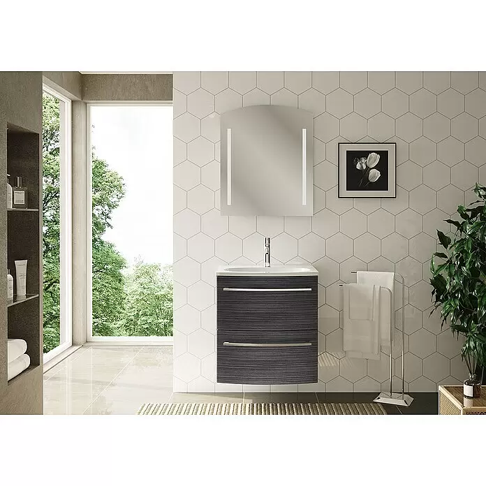 Camargue Swing Badmöbel-Set SW610D - Gesamtbreite Badmöbel: 60 cm, Dark Oak, Matt, 3 -tlg. - Dunkler Waschtischschrank mit weißem Waschbecken und beleuchtetem Spiegel.