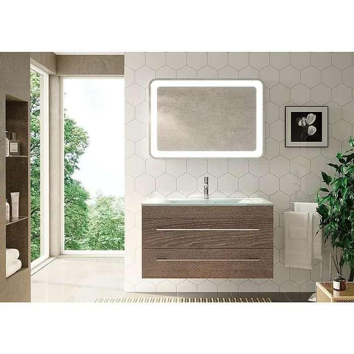 Camargue Stella Badmöbel-Set G12E21 - Gesamtbreite Badmöbel: 100 cm, Eiche Maron, Matt, 3 -tlg. - Badezimmer-Waschtisch mit Holzstruktur und Spiegel mit Beleuchtung für ein modernes Ambiente.