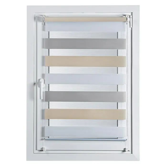 Estor enrollable Clip&Fix Tricolor - An x Al: 90 x 180 cm, Tricolor - Persiana con franjas opacas y transparentes alternadas en tonos blanco, gris y beige, mostrando un diseño moderno.