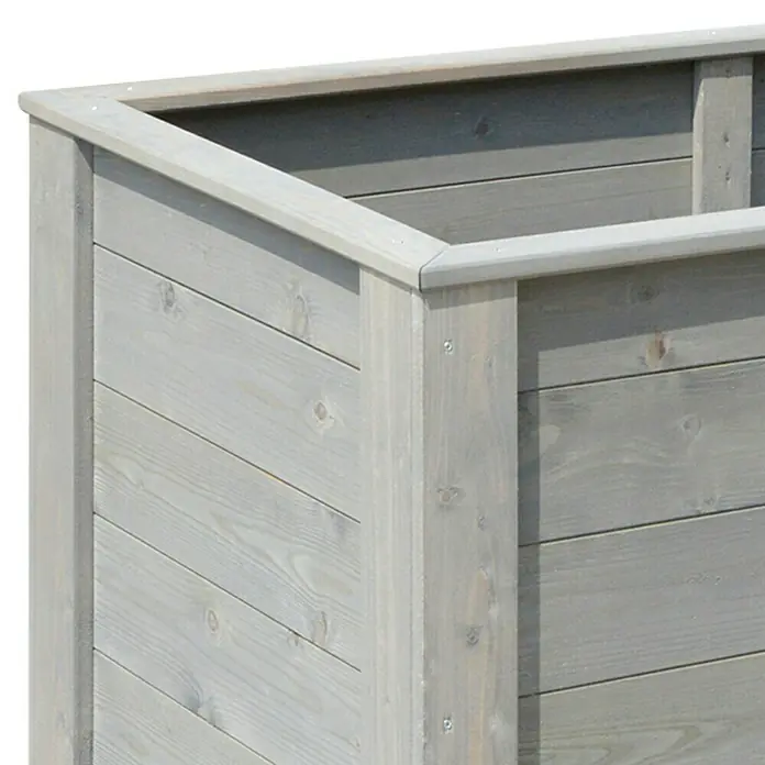 Hochbeet Cardus150 x 79 x 76 cm, Holz, Hellgrau - Nahaufnahme eines hochmodernen, stilvollen, rechteckigen Pflanzgefäßes aus grauem Holz mit waagerechten Brettern.