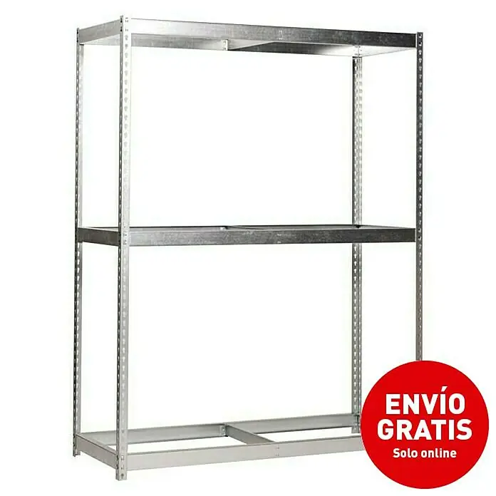 Simonrack Ecoforte Estantería para cargas pesadas Metal - Al x An x Pr: 200 x 180 x 45 cm, Número de baldas: 3 ud., Inserción, Galvanizado, Capacidad de carga por balda: 400 kg, Bandejas no incluidas - Imagen de una estantería metálica gris con dos estantes y una pegatina roja de "Envío gratis".