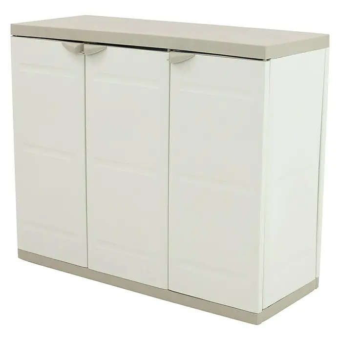 Plastiken Titanium Armario multiusos de plástico  bajo - L x An x Al: 44 x 105 x 88 cm, Beige - Un elegante zapatero blanco con tres puertas y tiradores discretos. Perfecto para mantener los zapatos ordenados en el pasillo.