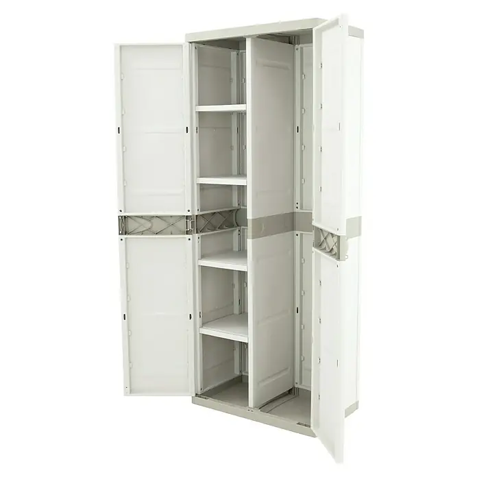 Plastiken Titanium Armario multiusos de plástico  escobero - L x An x Al: 44 x 70 x 176 cm, Beige - Imagen de un armario de plástico abierto con estantes para almacenamiento.