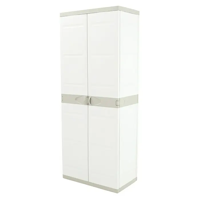 Plastiken Titanium Armario multiusos de plástico - L x An x Al: 44 x 70 x 176 cm, Número de puertas: 2 ud., Beige - Esta imagen muestra un armario alto de plástico blanco con dos puertas y detalles grises, ideal para soluciones de almacenamiento interior.