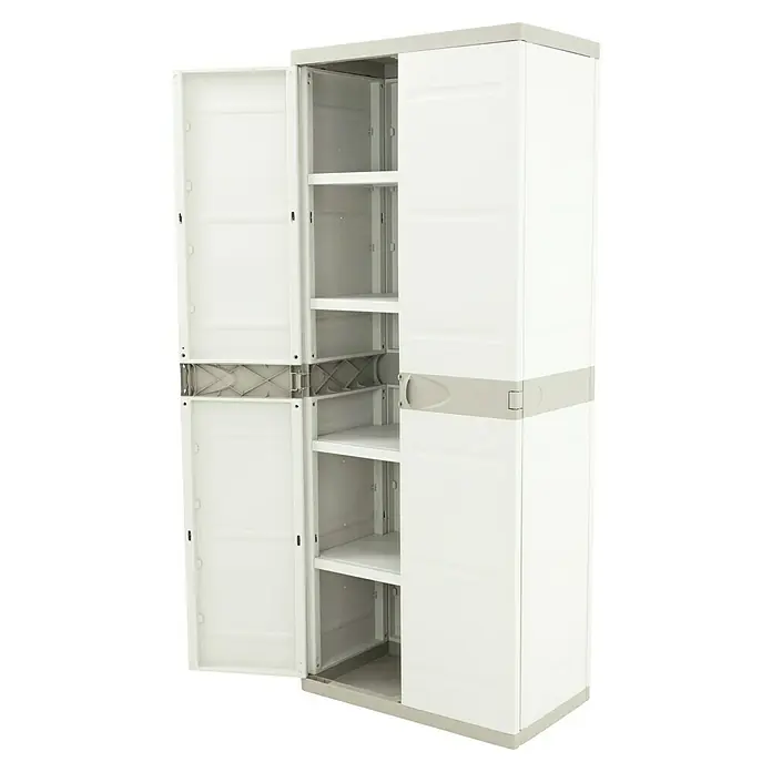 Plastiken Titanium Armario multiusos de plástico - L x An x Al: 44 x 70 x 176 cm, Número de puertas: 2 ud., Beige - Un armario de almacenamiento de plástico blanco con puertas abiertas y múltiples estantes.