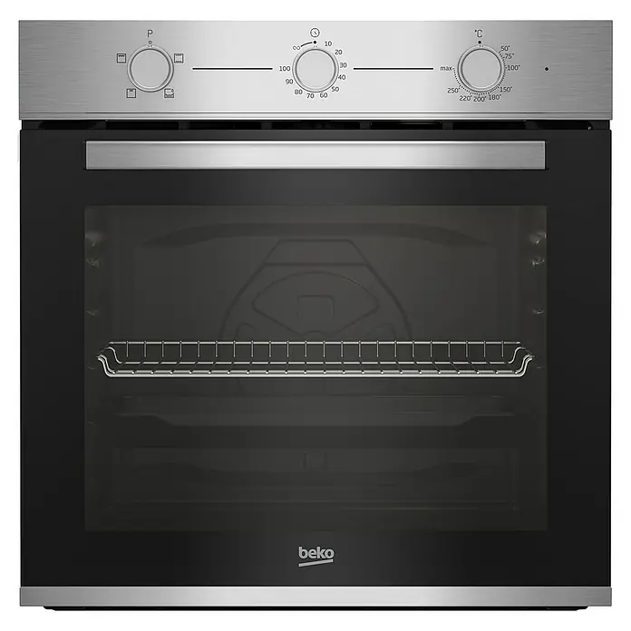 Beko Horno empotrado BBIC12100XD - Número de tipos de calentamiento: 4 ud., Volumen horno: 74 l - Primer plano de un horno encastrable Beko con control de temperatura, temporizador y varios programas de cocción.