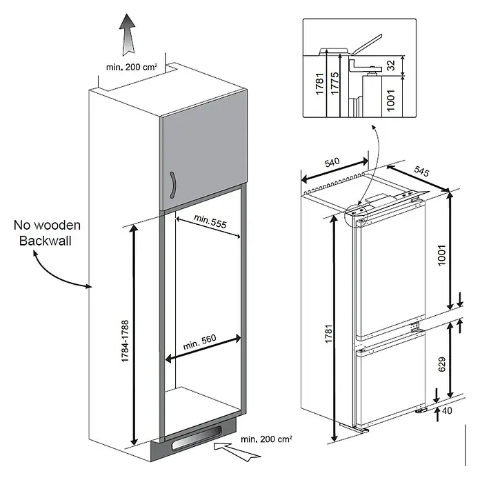 Beko Nevera combi BCHA275E4SN - Contenido útil total: 262 l, 54,5 x 54 x 177,5 cm, Blanco - Guía de instalación de frigorífico integrado con dimensiones y notas de ventilación para una integración óptima en la cocina.