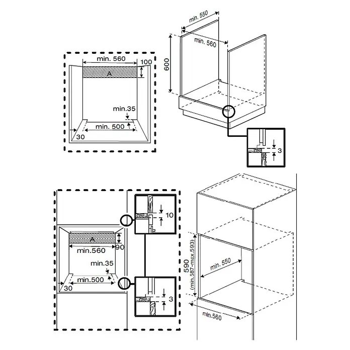 Beko Set de horno y zona de cocción BBIE12300XD - Volumen horno: 72 l, Inox/Negro - La imagen muestra las dimensiones de instalación de un horno, incluyendo el ancho, la profundidad y la altura mínima, y detalles de la instalación.