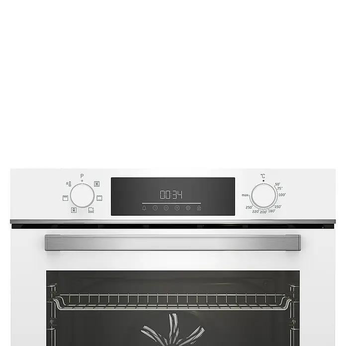 Beko Horno empotrado BBIE18300W - Volumen horno: 72 l, Número de tipos de calentamiento: 6 ud. - Primer plano de un horno empotrable blanco con pantalla digital y control de temperatura.