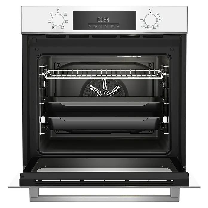 Beko Horno empotrado BBIE18300W - Volumen horno: 72 l, Número de tipos de calentamiento: 6 ud. - Un horno moderno con la puerta abierta que muestra el interior, incluyendo una rejilla y bandejas de horno.