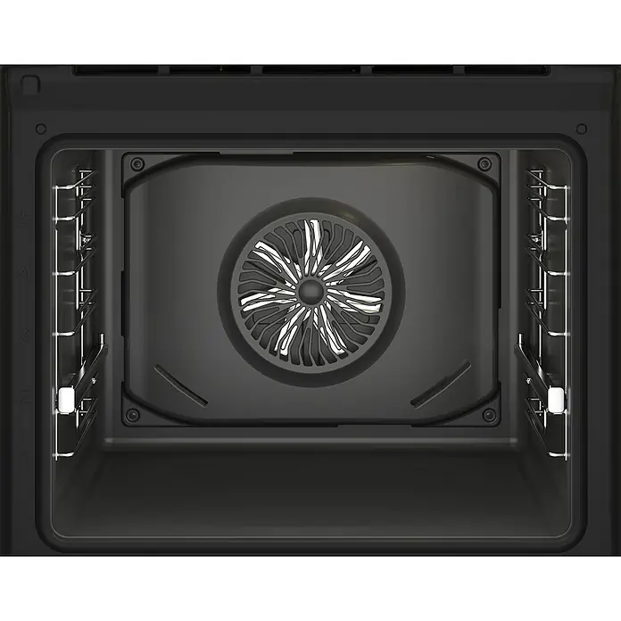 Beko Horno empotrado BBIE123001XD - Número de tipos de calentamiento: 6 ud., Volumen horno: 72 l - Vista interior de un horno negro con sistema de convección, que promete una distribución uniforme del calor. El diseño es moderno y funcional.