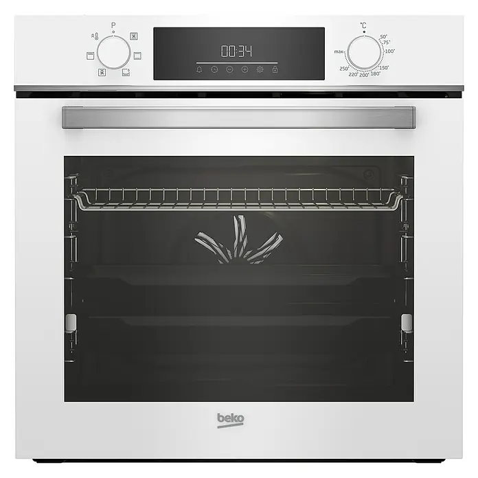 Beko Horno empotrado BBIE18300W - Volumen horno: 72 l, Número de tipos de calentamiento: 6 ud. - Primer plano de un horno empotrable Beko blanco con pantalla y botones de control.