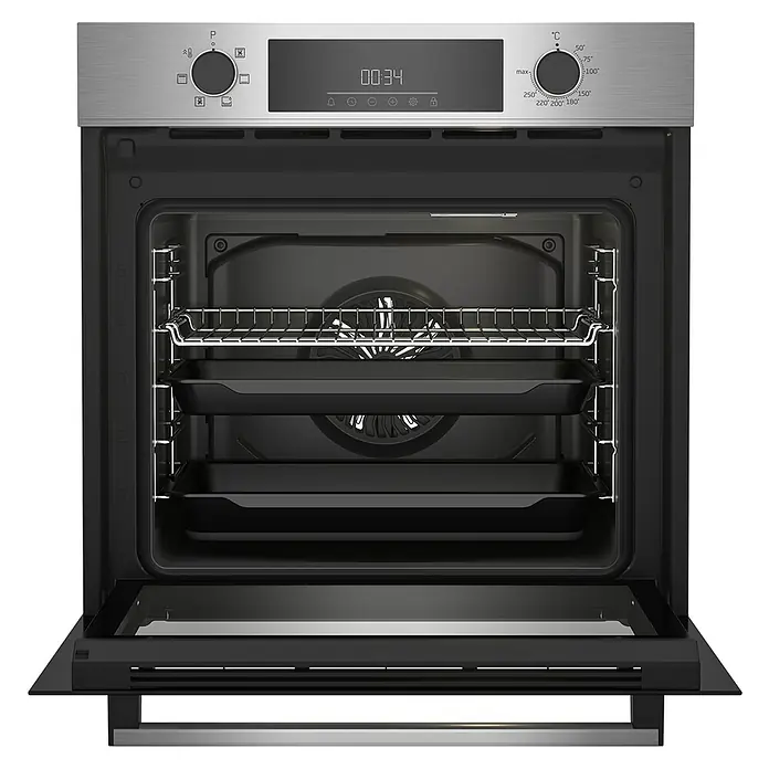 Beko Set de horno y zona de cocción BBIE12300XD - Volumen horno: 72 l, Inox/Negro - Imagen de un horno empotrable moderno con la puerta abierta, mostrando rejillas y bandejas en el interior.